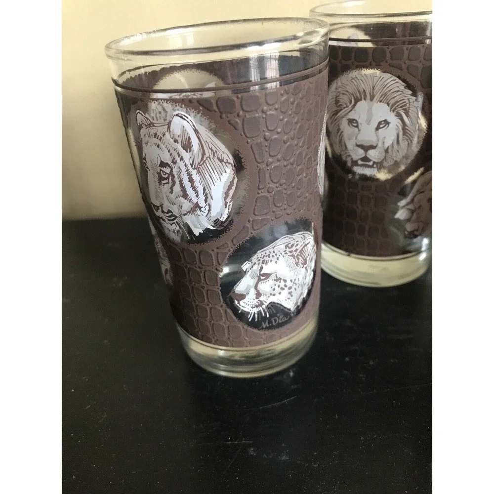 Vintage Libbey Glasses Glass set of 3 Lion‎ Tiger Leopard Ram African Safari